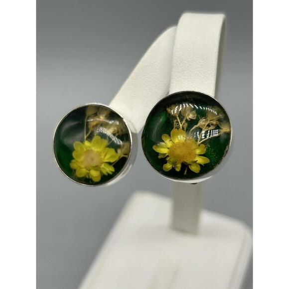 Mexico 925 Sterling Silver Yellow Dried Flower in Resin Round Clip On Earrings - Picture 1 of 12